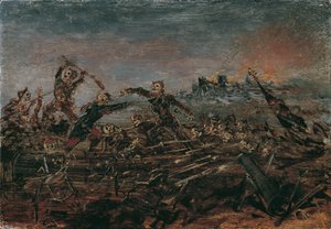 Dodendans op het slagveld voor brandende ruïnes