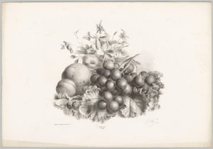 Bloemen, perzik, nectarine, druiven en bramen door Anton Weiss