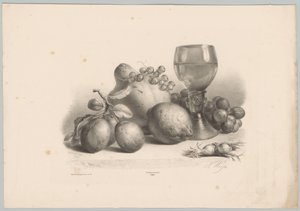 Stilleven met glas, pruimen, citroen, druiven en hazelnoten door Anton Weiss