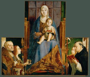 Heilige Maria en kind met de heiligen Nicolaas van Bari, Anastasia, Ursula, Dominicus en Helena door Antonello da Messina