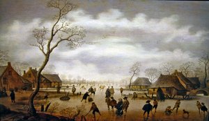 Een winters tafereel met schaatsers
