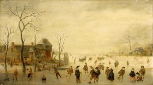 Winterlandschap met schaatsers, golfspelers en boeren op bevroren waterwegen door Antoni  Verstralen