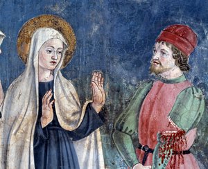 Leven van Sint Francesca Romana: Bij haar terugkeer van Sint Jan Lateranen geneest de heilige een man met een afgesneden arm (detail) door Antoniazzo Romano
