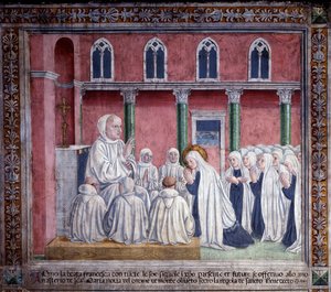 Het leven van St. Francesca Romana: De heilige en de oblaten bieden zich aan bij de benedictijner orde en vestigen zich in de kerk van Santa Maria Nova, Rome door Antoniazzo Romano