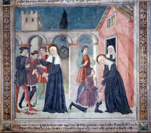Leven van St. Francesca Romana: De heilige geneest een gewonde man door Antoniazzo Romano