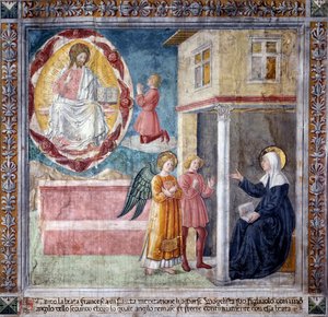 Leven van Sint Francesca Romana: De zoon van de heilige, gedood door de builenpest, verschijnt aan haar met een engel
