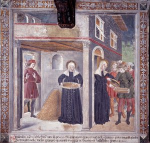 Leven van St. Francesca Romana: tijdens een ernstige hongersnood in 1402 geeft Francesca al haar graan aan de armen door Antoniazzo Romano