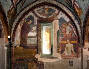 Links, paus Gregorius IX wijdt de kapel in, rechts, de Pietà, fresco door Antonio Aquili door Antoniazzo Romano