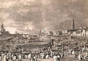 De Ontscheping van de Doge op de Bucintoro voor het Huwelijk met de Zee, gegraveerd door Giovanni Battista Brustolon