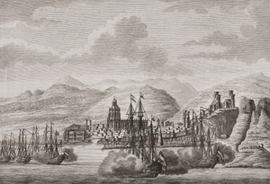 Nederlandse vloot bij Malaga, Spanje 1784 die saluut afvuurt. (prent)
