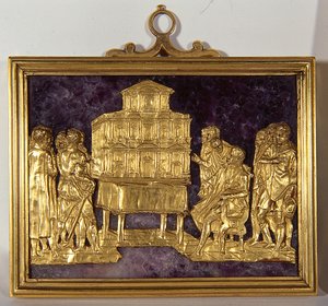 Bernardo Buontalenti (1531-1608) presenteert een model van de gevel van de kathedraal van Santa Maria del Fiore, ca. 1587 (goud op edelsteen) door Antonio (fl.1578 1624) Giambologna (1529 1608) and Susini