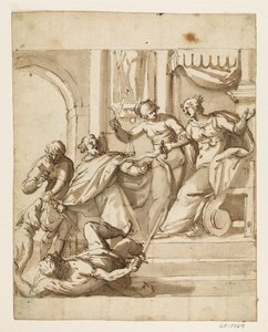 Allegorische compositie met Justitia die een troonende koningin weerhoudt van tussenkomst met haar zwaard in een gevecht tussen twee mannen voor de troon, terwijl een derde met een sleutel een hond voedt door Antonio Aliense