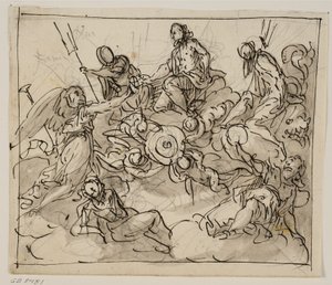 Allegorische compositie met Venetië omringd door twee zeegoden, Faam en andere figuren