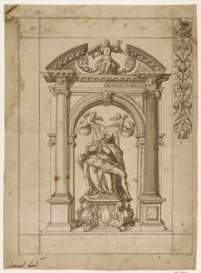 Ontwerp voor een processievlag met een Pietà onder een uitgebreide altaararchitectuur in de vorm van een triomfboog en een deel van het randontwerp rechtsboven