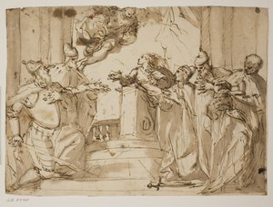 Vier doges en een man in een mantel met de dogehoed in zijn handen, met de Annunciatie(?) op de achtergrond