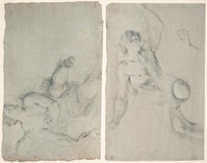 Een Engel in Vlucht, en een Engel die met Opgeheven Arm Neerbuigt door Antonio Balestra