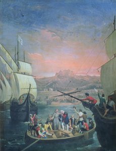 Vertrek van de Santa Maria, de Pinta en de Nina uit Palos in 1492 door Antonio Cabral Bejarano