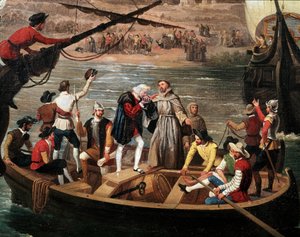 Vertrek van de Santa Maria, de Pinta en de Nina uit Palos in 1492