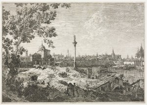Panorama van een stad aan een rivier door Antonio Canaletto