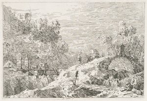 Uitzichten: Berglandschap met vijf bruggen, 1735-1746 door Giovanni Antonio Canal