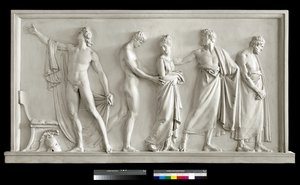 Achilles levert Briseis aan de herauten van Agamemnon (gips)