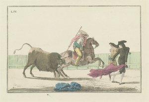 Plate IV, uit de serie Colección de las principales suertes de una corrida de toros (Collectie van de belangrijkste acties in een stierengevecht) door Antonio Carnicero