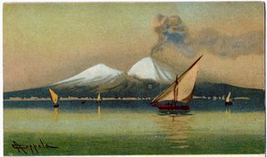 Geografie. Vulkaan Vesuvius en de Baai van Napels. Illustratie door A. Coppola, Italië, ca. 1920