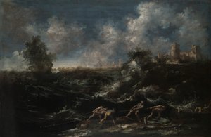 Zeegezicht met Visser die Netten Binnenhaalt door Antonio Francesco Peruzzini