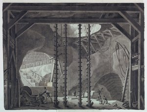Toneelontwerp, Mannen Bouwen Gebouw in Grot door Antonio Giuseppe Basoli