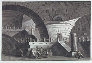 Toneelontwerp, gevangenisinterieur met de dood van Socrates door Antonio Giuseppe Basoli