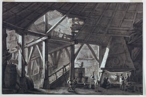 Toneelontwerp, Interieur van een Vernield Boerderijgebouw door Antonio Giuseppe Basoli