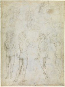 Vier studies van een vrouwelijk naakt, een annunciatie en twee studies van een zwemmende vrouw, ca. 1425 (metalpoint, pen en potlood in bruin op perkament) door Antonio Pisanello