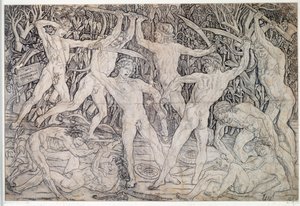 Gevecht van naakte krijgers. Tekening door Antonio Pollaiolo (Pollaiuolo of Benci) (ca. 1431-1498) 1470