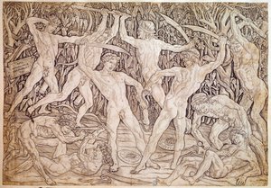 Naakte mannen vechten. Gegraveerd door Antonio Pollaiuolo (1432-1498)