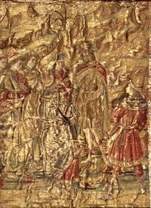 De ontmoeting tussen St. Johannes de Doper en de belastinginners, wandtapijt met scènes uit het leven van de heilige