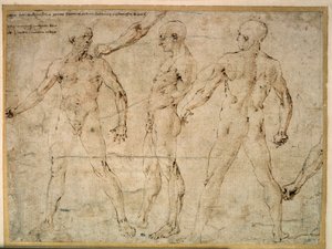 Drie naakte mannen. Tekening door Antonio Pollaiuolo (Pollaiolo) (1432-1498)