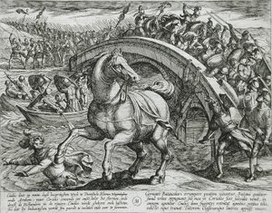 Civilis gedwongen af te stijgen en de rivier over te zwemmen door Antonio Tempesta