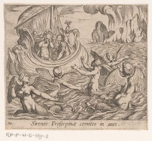 De sirenen Sirenes Proserpinae comites in aves (titel op object) Metamorfosen van Ovidius (serie titel) door Antonio Tempesta