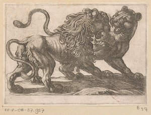 Een leeuw vechtend met een leeuwin door Antonio Tempesta