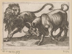 Een stier een leeuw aanvallend Vechtende dieren door Antonio Tempesta