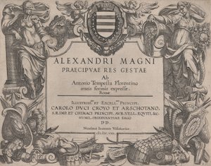 Frontispice van het leven van Alexander de Grote, links is Bellona en rechts een vrouwelijk figuur..., 1608 door Antonio Tempesta