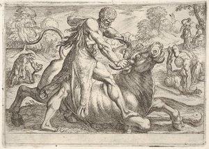 Hercules en Achelous: in het midden grijpt Hercules de hoorns van een stier terwijl hij zijn ri... door Antonio Tempesta
