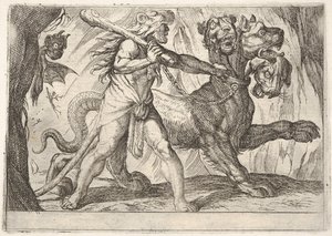 Hercules en Cerberus: Hercules grijpt de halsband van Cerberus, twee demonen verschijnen links..., 1608