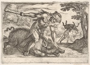 Hercules en het Erymanthische Zwijn: Hercules houdt de snuit van het zwijn vast met zijn linkerhand