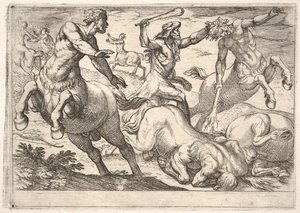 Hercules en de centauren: Hercules houdt het hoofd van een centaur vast met zijn linkerhand en heft..., 1608