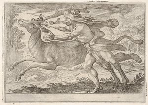 Hercules en de hinde van de berg Cerynea: Hercules loopt naast de hinde en grijpt de... door Antonio Tempesta
