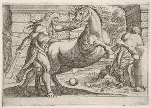Hercules en de merries van Diomedes: Hercules grijpt het hoofdstel van een steigerend paard