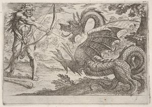 Hercules en de slang Ladon: Hercules spant zijn boog, de oprijzende slang verschijnt, 1608