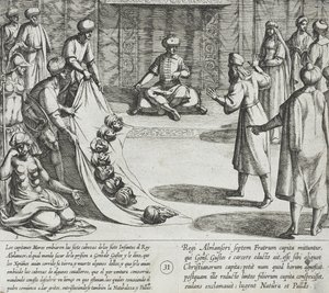 In de aanwezigheid van Almanzor herkent Gonzalo Gustos de afgehakte hoofden van zijn zonen door Antonio Tempesta
