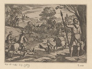 Jacht op konijnen met mannen die op konijnen jagen vanuit de struiken door Antonio Tempesta